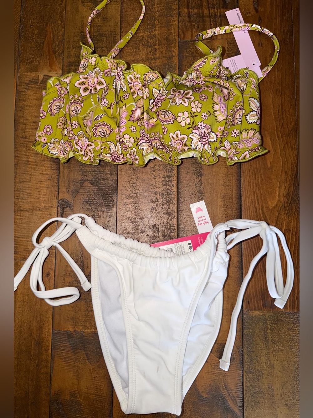 Target Olive Green Floral Ruffle Bikini Top with White Tie-Side Bottom